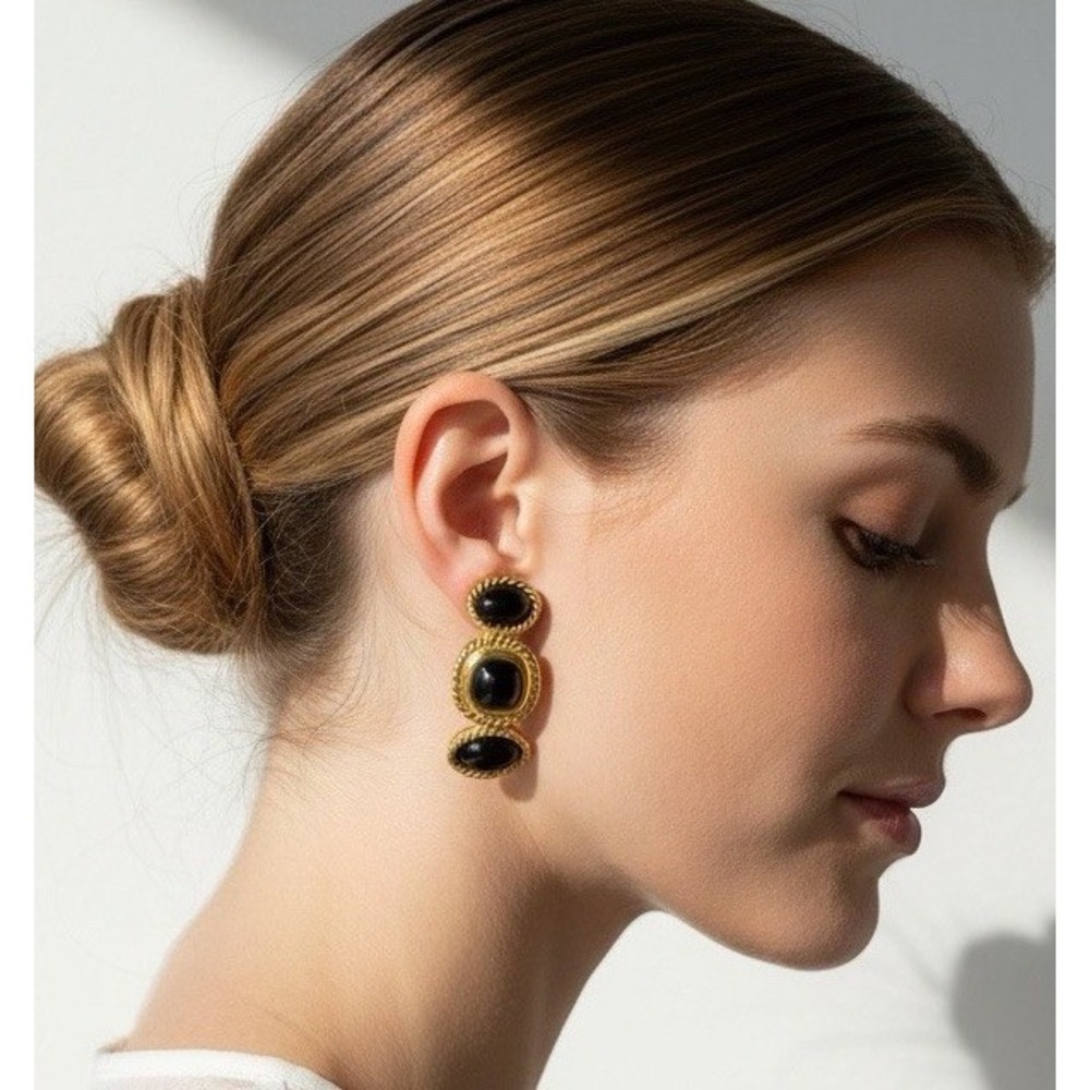 Vintage Trifari Signed Triple-Tier Black Lucite Cabochon Clip-On Earrings